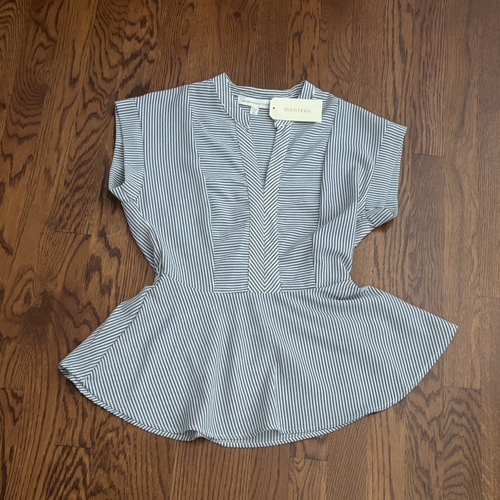 Monteau Black and White Striped Peplum Blouse